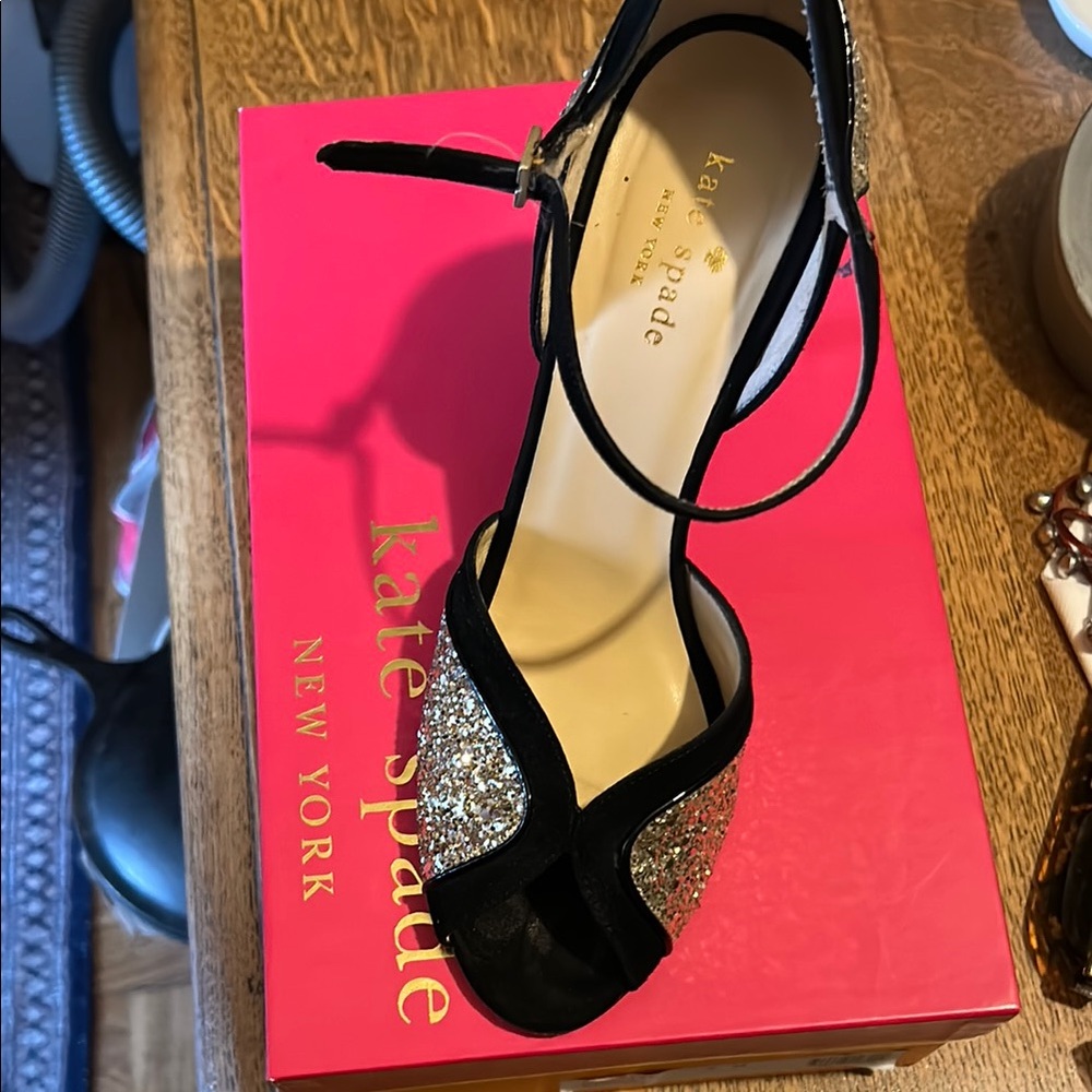 kate spade Black and Silver Glitter Open-Toe Ankle Strap Heels